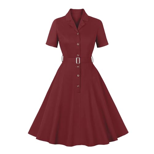 Odizli Rockabilly Kleider Damen 50er Jahre Vintage 60er Retro Audrey Hepburn Kurzarm A Line Swing Knielang Petticoat Coctailkleid Hochzeitsgast Kurz Abendkleid Sommerkleid mit Gürtel Weinrot XL von Odizli