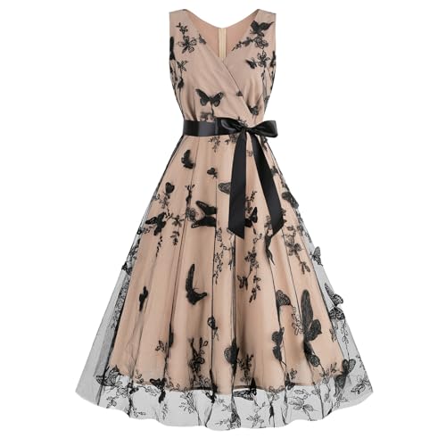 Odizli Rockabilly Kleider Damen 50er Jahre Vintage Elegant Ärmellos V-Ausschnitt Stickerei Mesh Tüllkleid Swing Coctailkleid Festlich Hochzeit Hochzeitsgast Kurz Abendkleid Aprikose Schmetterling XXL von Odizli