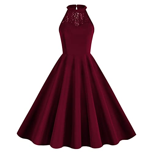 Odizli Rockabilly Kleider Damen 50er Jahre Vintage Elegant Neckholder Spitze Petticoat A Linie Swing Cocktailkleid Festlich Hochzeit Gast Hochzeitsgast Kurz Abendkleider Ballkleid Sommerkleid Claret S von Odizli