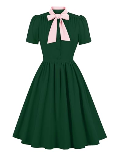 Odizli Rockabilly Kleider Damen 50er Jahre Vintage Elegant Petticoat Kleid Sommer Kurzarm Button Knielang Swing A-Linien Coctailkleid Festlich Hochzeit Gast Hochzeitsgäste Sommerkleid Grün Rosa XXL von Odizli