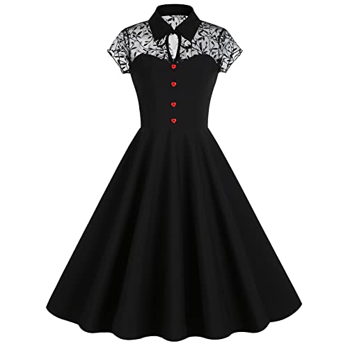 Odizli Rockabilly Kleider Damen 50er Jahre Vintage Elegant Petticoat Kleid Sommer Kurzarm Mesh A-Linien Knielang Swing Coctailkleid Gothic Halloween Festlich Hochzeit Kurz Abendkleid Schwarz Blatt XL von Odizli