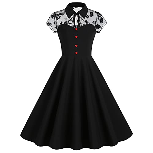 Odizli Rockabilly Kleider Damen 50er Jahre Vintage Elegant Petticoat Kleid Sommer Kurzarm Mesh A-Linien Knielang Swing Coctailkleid Gothic Halloween Festlich Hochzeit Kurz Abendkleid Schwarz Blume XXL von Odizli