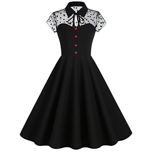 Odizli Rockabilly Kleider Damen 50er Jahre Vintage Elegant Petticoat Kleid Sommer Kurzarm Mesh A-Linien Knielang Swing Coctailkleid Gothic Halloween Festlich Hochzeit Kurz Abendkleid Schwarz Dot L von Odizli