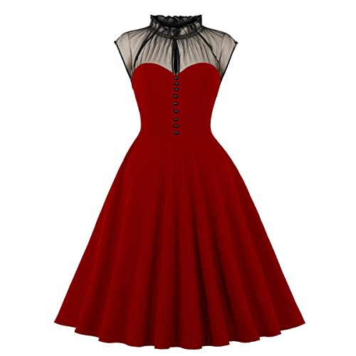 Odizli Rockabilly Kleider Damen 50er Jahre Vintage Elegant Petticoat Kleid Sommer Kurzarm Mesh A-Linien Knielang Swing Coctailkleid Gothic Halloween Festlich Hochzeit Kurz Abendkleid Weinrot #1 XXL von Odizli