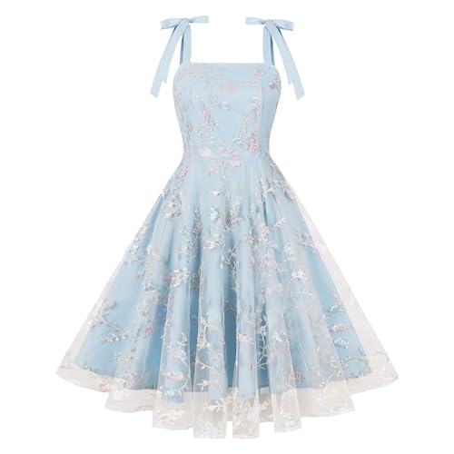 Odizli Rockabilly Kleider Damen 50er Jahre Vintage Elegant Sommer Spaghettiträger Mesh Blume Stickerei Swing A-Linie Tüllkleid Festlich Hochzeit Hochzeitsgast Coctailkleid Kurz Abendkleid Blau XL von Odizli