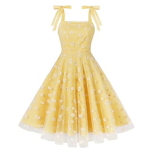 Odizli Rockabilly Kleider Damen 50er Jahre Vintage Elegant Sommer Spaghettiträger Mesh Blume Stickerei Swing A-Linie Tüllkleid Festlich Hochzeit Hochzeitsgast Coctailkleid Kurz Abendkleid Gelb XXL von Odizli