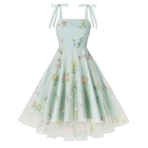 Odizli Rockabilly Kleider Damen 50er Jahre Vintage Elegant Sommer Spaghettiträger Mesh Blume Stickerei Swing A-Linie Tüllkleid Festlich Hochzeit Hochzeitsgast Coctailkleid Kurz Abendkleid Grün M von Odizli