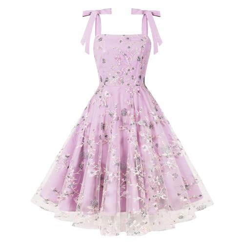 Odizli Rockabilly Kleider Damen 50er Jahre Vintage Elegant Sommer Spaghettiträger Mesh Blume Stickerei Swing A-Linie Tüllkleid Festlich Hochzeit Hochzeitsgast Coctailkleid Kurz Abendkleid Lila L von Odizli