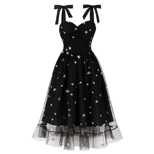 Odizli Rockabilly Kleider Damen 50er Jahre Vintage Elegant Spaghettiträger Pailletten Blume Mesh Sommer Swing Petticoat Tüllkleid Festlich Hochzeit Partykleid Kurz Coctailkleid Schwarz Stern S von Odizli
