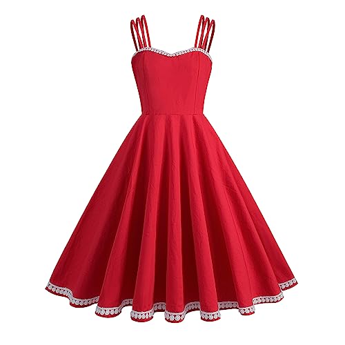 Odizli Rockabilly Kleider Damen 50er Jahre Vintage Retro Petticoat Kleid Sommer Spaghettiträger Spitze Swing Trägerkleid Festlich Hochzeit Hochzeitsgast Partykleid Coctailkleid Abendkleid Rot-Lace S von Odizli