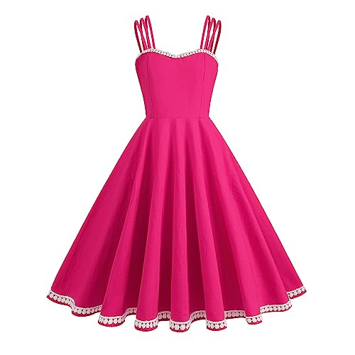 Odizli Rockabilly Kleider Damen 50er Jahre Vintage Retro Petticoat Kleid Sommer Spaghettiträger Spitze Swing Trägerkleid Festlich Hochzeit Hochzeitsgast Partykleid Coctailkleid Rosenrot-Lace L von Odizli