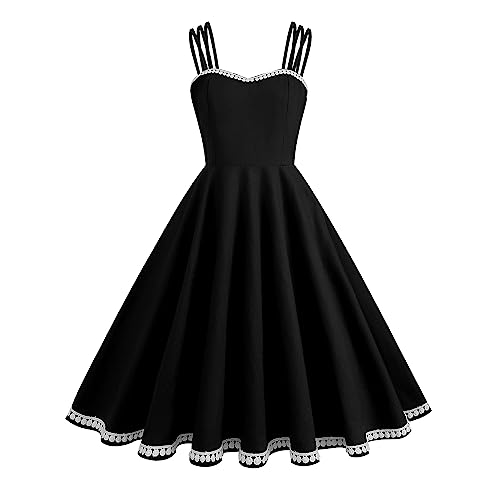 Odizli Rockabilly Kleider Damen 50er Jahre Vintage Retro Petticoat Kleid Sommer Spaghettiträger Spitze Swing Trägerkleid Festlich Hochzeit Hochzeitsgast Partykleid Coctailkleid Schwarz-Lace M von Odizli