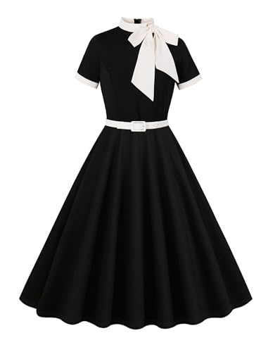 Odizli Rockabilly Kleider Damen 60er 50er Jahre Vintage Audrey Hepburn Kurzarm Krawatte Petticoat Swing Coctailkleid Hochzeit Festlich Knielang Sommerkleid Kurz Abendkleid Schwarz Schwarz XXL von Odizli