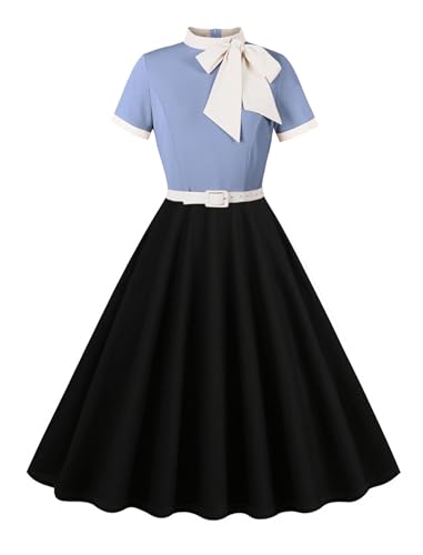 Odizli Rockabilly Kleider Damen 60er 50er Jahre Vintage Audrey Hepburn Kurzarm Krawatte Polka Dot Petticoat Swing Coctailkleid Hochzeit Festlich Knielang Sommerkleid Kurz Abendkleid Blau Schwarz L von Odizli