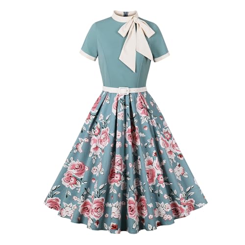 Odizli Rockabilly Kleider Damen 60er 50er Jahre Vintage Audrey Hepburn Kurzarm Krawatte Polka Dot Petticoat Swing Coctailkleid Hochzeit Festlich Knielang Sommerkleid Kurz Abendkleid Grün M von Odizli