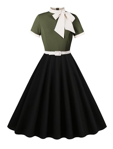Odizli Rockabilly Kleider Damen 60er 50er Jahre Vintage Audrey Hepburn Kurzarm Krawatte Polka Dot Petticoat Swing Coctailkleid Hochzeit Festlich Knielang Sommerkleid Kurz Abendkleid Grün Schwarz XL von Odizli