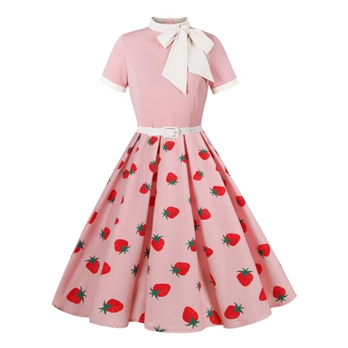 Odizli Rockabilly Kleider Damen 60er 50er Jahre Vintage Audrey Hepburn Kurzarm Krawatte Polka Dot Petticoat Swing Coctailkleid Hochzeit Festlich Knielang Sommerkleid Kurz Abendkleid Rosa Rot L von Odizli
