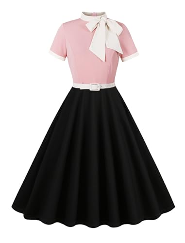 Odizli Rockabilly Kleider Damen 60er 50er Jahre Vintage Audrey Hepburn Kurzarm Krawatte Polka Dot Petticoat Swing Coctailkleid Hochzeit Festlich Knielang Sommerkleid Kurz Abendkleid Rosa Schwarz XL von Odizli