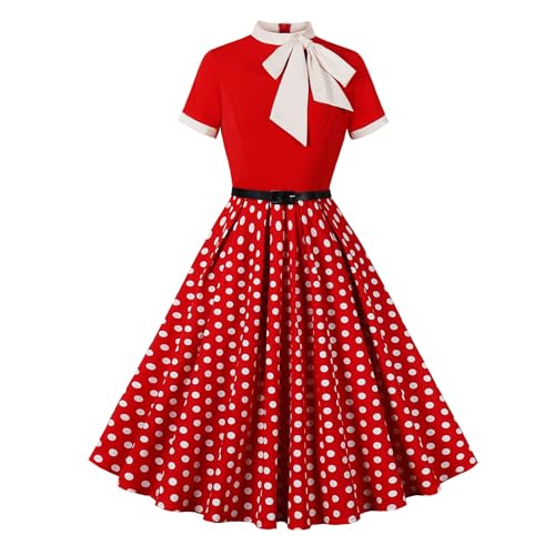 Odizli Rockabilly Kleider Damen 60er 50er Jahre Vintage Audrey Hepburn Kurzarm Krawatte Polka Dot Petticoat Swing Coctailkleid Hochzeit Festlich Knielang Sommerkleid Kurz Abendkleid Rot S von Odizli