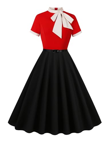 Odizli Rockabilly Kleider Damen 60er 50er Jahre Vintage Audrey Hepburn Kurzarm Krawatte Polka Dot Petticoat Swing Coctailkleid Hochzeit Festlich Knielang Sommerkleid Kurz Abendkleid Rot Schwarz XXL von Odizli