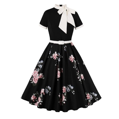 Odizli Rockabilly Kleider Damen 60er 50er Jahre Vintage Audrey Hepburn Kurzarm Krawatte Polka Dot Petticoat Swing Coctailkleid Hochzeit Festlich Knielang Sommerkleid Kurz Abendkleid Schwarz Rosa XL von Odizli