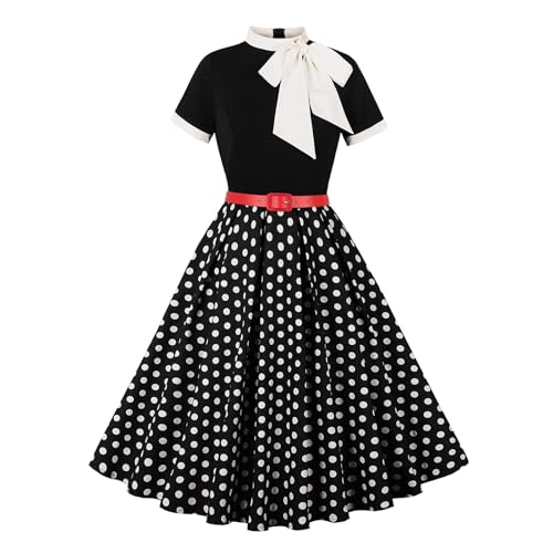 Odizli Rockabilly Kleider Damen 60er 50er Jahre Vintage Audrey Hepburn Kurzarm Krawatte Polka Dot Petticoat Swing Coctailkleid Hochzeit Festlich Knielang Sommerkleid Kurz Abendkleid Schwarz S von Odizli