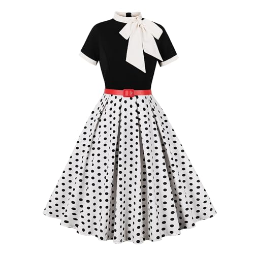 Odizli Rockabilly Kleider Damen 60er 50er Jahre Vintage Audrey Hepburn Kurzarm Krawatte Polka Dot Petticoat Swing Coctailkleid Hochzeit Festlich Knielang Sommerkleid Kurz Abendkleid Weiß Schwarz S von Odizli