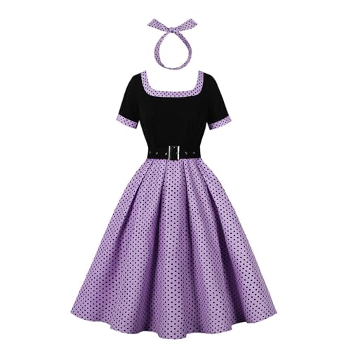 Odizli Rockabilly Kleider Damen Elegant Vintage 50er Jahre Petticoat Kleid Sommer Kurzarm Polka Dot Gepunktet A Linie Swing Knielang Sommerkleid Hochzeitsgast Festlich Cocktailkleid Lila S von Odizli