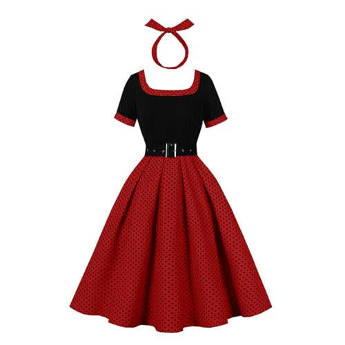Odizli Rockabilly Kleider Damen Elegant Vintage 50er Jahre Petticoat Kleid Sommer Kurzarm Polka Dot Gepunktet A Linie Swing Knielang Sommerkleid Hochzeitsgast Festlich Cocktailkleid Rot M von Odizli