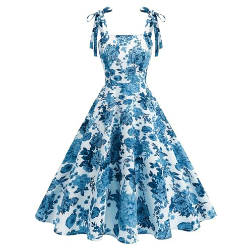 Odizli Rockabilly Kleider Damen Elegant Vintage 50er Jahre Petticoat Kleid Sommer Spaghettiträger Blumen A Linie Swing Knielang Sommerkleid Hochzeitsgast Festlich Cocktailkleid Abendkleid Blau XXL von Odizli