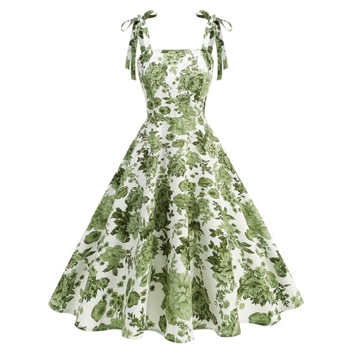 Odizli Rockabilly Kleider Damen Elegant Vintage 50er Jahre Petticoat Kleid Sommer Spaghettiträger Blumen A Linie Swing Knielang Sommerkleid Hochzeitsgast Festlich Cocktailkleid Abendkleid Grün XXL von Odizli