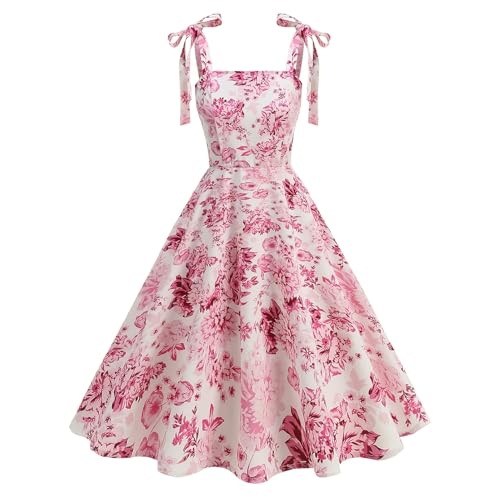 Odizli Rockabilly Kleider Damen Elegant Vintage 50er Jahre Petticoat Kleid Sommer Spaghettiträger Blumen A Linie Swing Knielang Sommerkleid Hochzeitsgast Festlich Cocktailkleid Abendkleid Rosa XL von Odizli