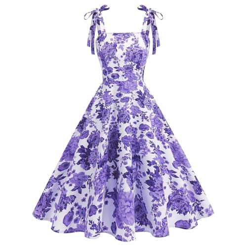 Odizli Rockabilly Kleider Damen Elegant Vintage 50er Jahre Petticoat Kleid Sommer Spaghettiträger Blumen A Linie Swing Knielang Sommerkleid Hochzeitsgast Festlich Cocktailkleid Abendkleid Violett S von Odizli