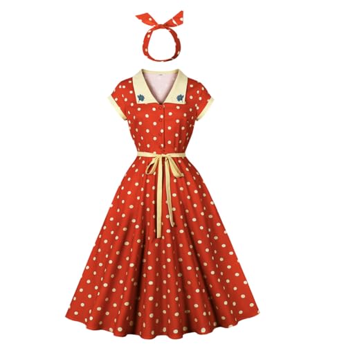 Odizli Rockabilly Kleider Damen Elegant Vintage Retro Sommer Polka Dot Petticoat Swing A Linie Knielang Sommerkleid Festlich Hochzeitsgast Coctailkleid mit Stirnband 50er Jahre Outfit Rot XXL von Odizli