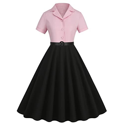 Odizli Rockabilly Kleider Damen Petticoat Kleid 50er Jahre Vintage Elegant Kurzarm V-Ausschnitt Kontrastfarbe Swing Coctailkleid Hochzeit Gast Festlich Partykleid Ballkleid Kurz Abendkleid Rosa M von Odizli