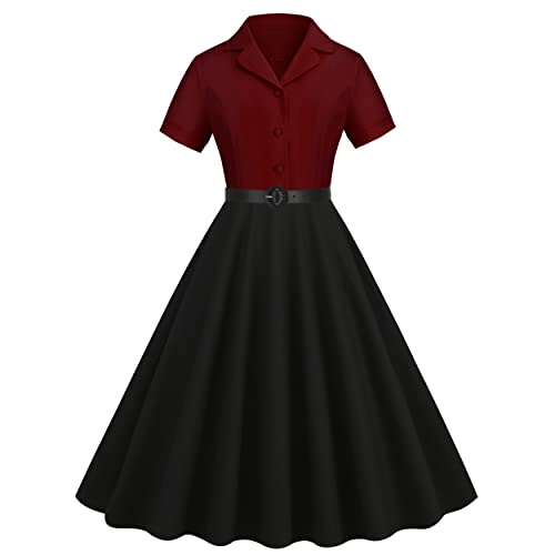 Odizli Rockabilly Kleider Damen Petticoat Kleid 50er Jahre Vintage Elegant Kurzarm V-Ausschnitt Kontrastfarbe Swing Coctailkleid Hochzeit Gast Festlich Partykleid Ballkleid Kurz Abendkleid Weinrot M von Odizli