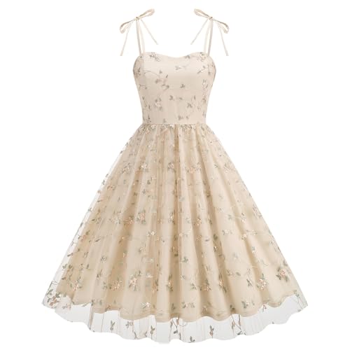 Odizli Rockabilly Kleider Damen Vintage 50er Jahre Elegant Sommer Spaghettiträger Blume Stickerei Mesh Swing A-Linie Tüllkleid Hochzeitsgast Festlich Hochzeit Coctailkleid Kurz Abendkleid Aprikose XL von Odizli