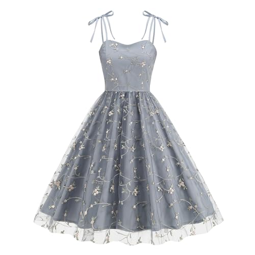 Odizli Rockabilly Kleider Damen Vintage 50er Jahre Elegant Sommer Spaghettiträger Blume Stickerei Mesh Swing A-Linie Tüllkleid Hochzeitsgast Festlich Hochzeit Coctailkleid Kurz Abendkleid Grau L von Odizli