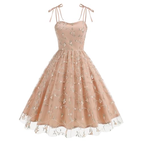 Odizli Rockabilly Kleider Damen Vintage 50er Jahre Elegant Sommer Spaghettiträger Blume Stickerei Mesh Swing A-Linie Tüllkleid Hochzeitsgast Festlich Hochzeit Coctailkleid Kurz Abendkleid Khaki XXL von Odizli
