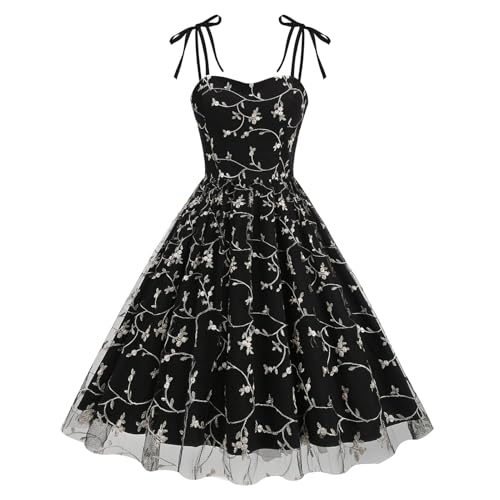 Odizli Rockabilly Kleider Damen Vintage 50er Jahre Elegant Sommer Spaghettiträger Blume Stickerei Mesh Swing A-Linie Tüllkleid Hochzeitsgast Festlich Hochzeit Coctailkleid Kurz Abendkleid Schwarz L von Odizli