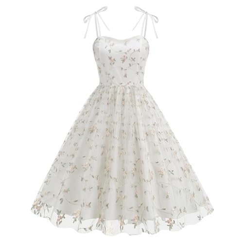 Odizli Rockabilly Kleider Damen Vintage 50er Jahre Elegant Sommer Spaghettiträger Blume Stickerei Mesh Swing A-Linie Tüllkleid Hochzeitsgast Festlich Hochzeit Coctailkleid Kurz Abendkleid Weiß M von Odizli
