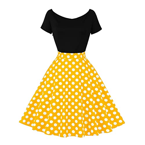 Odizli Rockabilly Kleider Damen Vintage Retro 50er Jahre Petticoat Kleid 1950er 60er Off Shoulder Polka Dot Gepunktet Swing A Linie Knielang Sommer Coctailkleid Festlich Kurz Abendkleid Gelb L von Odizli