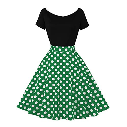 Odizli Rockabilly Kleider Damen Vintage Retro 50er Jahre Petticoat Kleid 1950er 60er Off Shoulder Polka Dot Gepunktet Swing A Linie Knielang Sommer Coctailkleid Festlich Kurz Abendkleid Grün M von Odizli