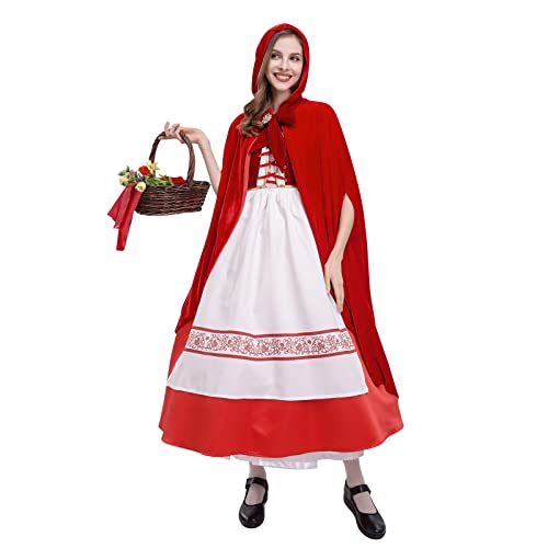 Odizli Rotkäppchen Kostüme Damen Erwachsene Prinzessin Kleid mit Red Riding Hood Mantel Umhang Halloween Weihnachten Karneval Cosplay Party Verkleidung Costume Rot Druck L von Odizli