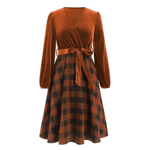 Odizli Samtkleid Damen Herbst Winter Langarm Karierte V-Ausschnitt Wickelkleid Midikleid Weihnachtskleid Hochzeit Festliche Hochzeitsgast Weihnachten Silvester Midi Herbstkleid Winterkleid Braun M von Odizli