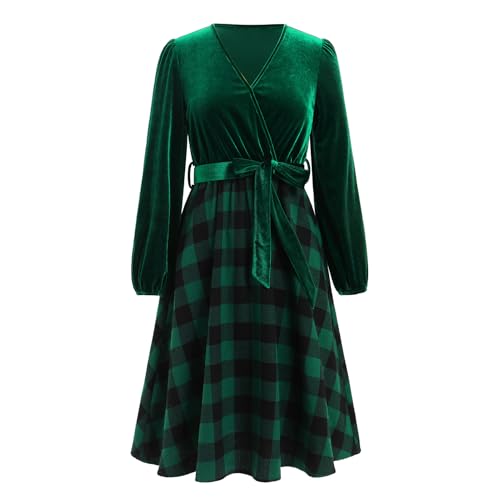 Odizli Samtkleid Damen Herbst Winter Langarm Karierte V-Ausschnitt Wickelkleid Midikleid Weihnachtskleid Hochzeit Festliche Hochzeitsgast Weihnachten Silvester Midi Herbstkleid Winterkleid Gr�n M von Odizli