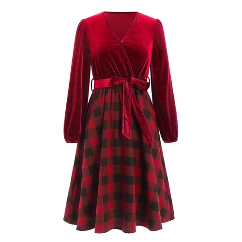 Odizli Samtkleid Damen Herbst Winter Langarm Karierte V-Ausschnitt Wickelkleid Midikleid Weihnachtskleid Hochzeit Festliche Hochzeitsgast Weihnachten Silvester Midi Herbstkleid Winterkleid Rot XL von Odizli