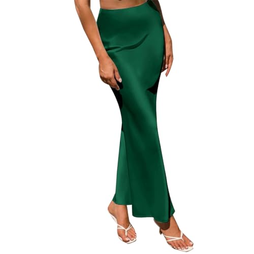 Odizli Satin Rock Damen Elegant Vintage Sommer Seiden High Waist A Line Maxirock Faltenrock Plisseerock Frauen Festlich Hochzeit Hochzeitsgast Meerjungfrau Rüsche Lang Röcke Grün XL von Odizli