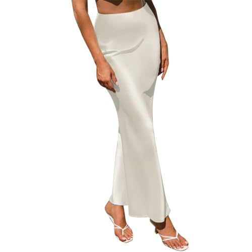 Odizli Satin Rock Damen Elegant Vintage Sommer Seiden High Waist A Line Maxirock Faltenrock Plisseerock Frauen Festlich Hochzeit Hochzeitsgast Meerjungfrau Rüsche Lang Röcke Weiß M von Odizli