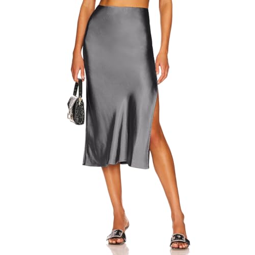 Odizli Satin Rock Damen mit Schlitz Elegant Vintage Sommer Seiden High Waist Elastische A Line Midirock Frauen Festlich Hochzeit Hochzeitsgast Meerjungfrau Rüsche Lang Röcke Grau S von Odizli
